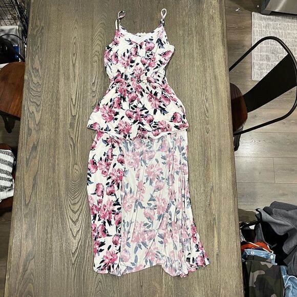 Peach Love California Pants - Peach Love California Romper Duster Back Floral Pattern Sleeveless Pink White M